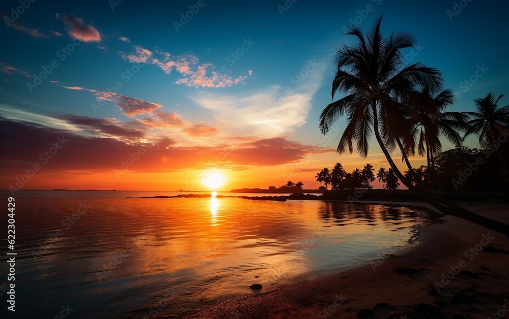A beautiful sunset over the ocean with palm trees. AI