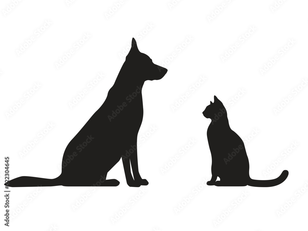 Dog and cat profile black silhouettes. Pets shadow side view. Vector illustration isolated on a white background