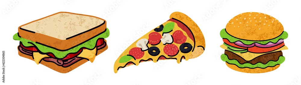 fast food, cartoon icons set, simple flat style, street high calorie food illustration. fast food, cartoon icons set, simple flat style, street high calorie food illustration.