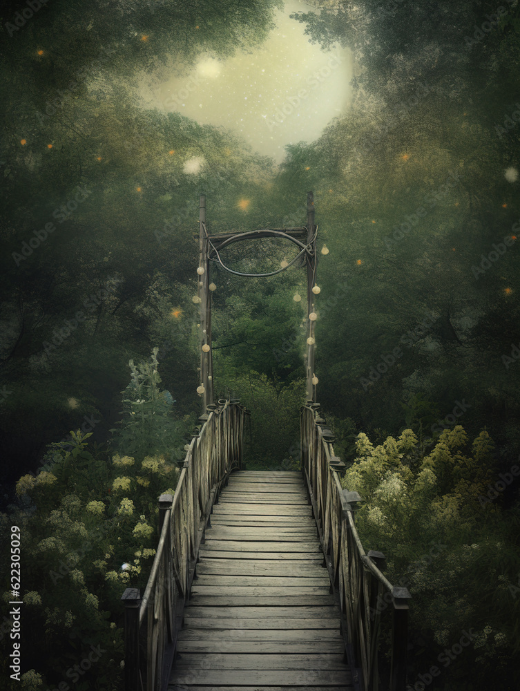 Fototapeta premium Generative AI: fantasy landscape with wooden bridge to the sky amd big moon