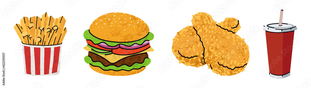 fast food, cartoon icons set, simple flat style, street high calorie food illustration. fast food, cartoon icons set, simple flat style, street high calorie food illustration.