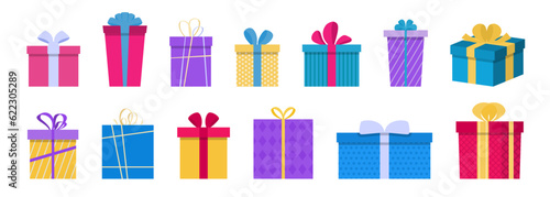 Gift boxes collection in a flat design. Set of present box with bow. Surprise gift box collection