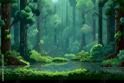 PIxel art concept of forest for computer game. Pixelated image