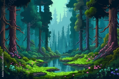 PIxel art concept of forest for computer game. Pixelated image © akualip