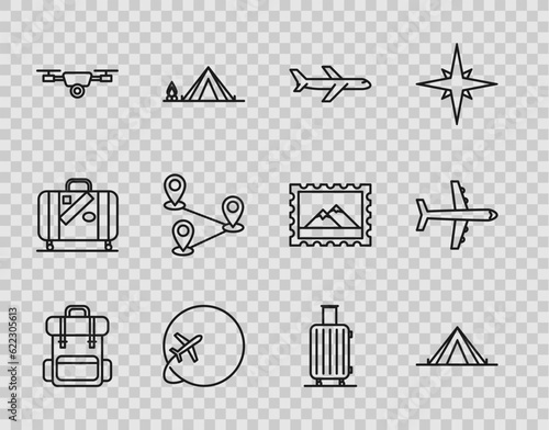 Set line Hiking backpack, Tourist tent, Plane, Globe with flying plane, Drone action video camera, Route location, Suitcase for travel and icon. Vector
