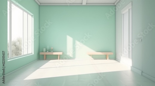 Green colour empty space room interior house template home mock up room with window daylight,Created with Generative AI Technology.