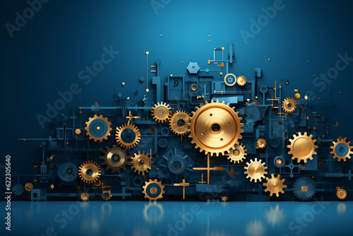 A blue background with floating business icons, such as gears and puzzle pieces, business background Generative AI