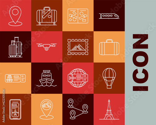 Set line Eiffel tower, Hot air balloon, Suitcase for travel, Passport pages with visa stamps, Drone flying action video camera, Map pin and Postal and Egypt pyramids icon. Vector