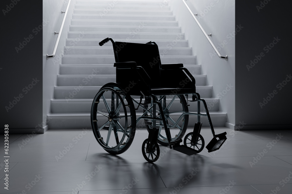 Empty Wheelchair Next to Wide Stairs: Concept of Health Problems, Disabilities.