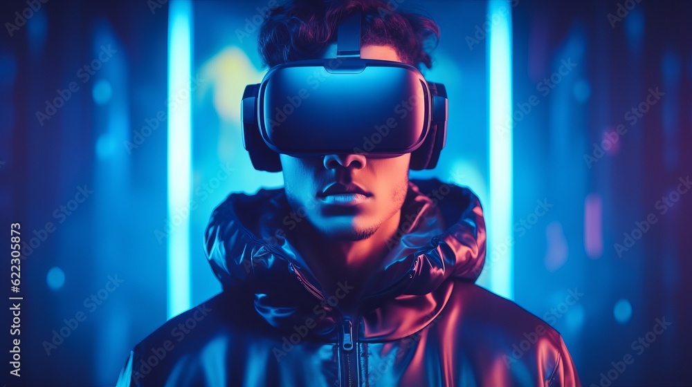 Virtual reality 3d augmented experience exited digital generate person wear vr glasses goggle headset hand gesture touch 3d object in virtual world fun cheerful and remarkable,generative ai