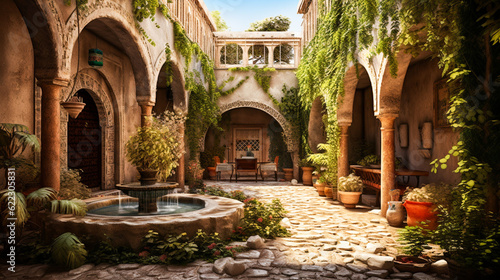 A cool and refreshing courtyard in a Syrian home, with a fountain, a tiled floor, and a vine-covered pergola.