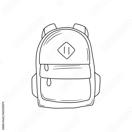 Backpack kids school icon cartoon line drawn or stamp, doodle
