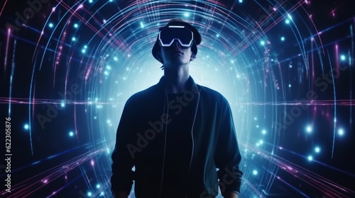 Virtual reality 3d augmented experience exited digital generate person wear vr glasses goggle headset hand gesture touch 3d object in virtual world fun cheerful and remarkable,generative ai