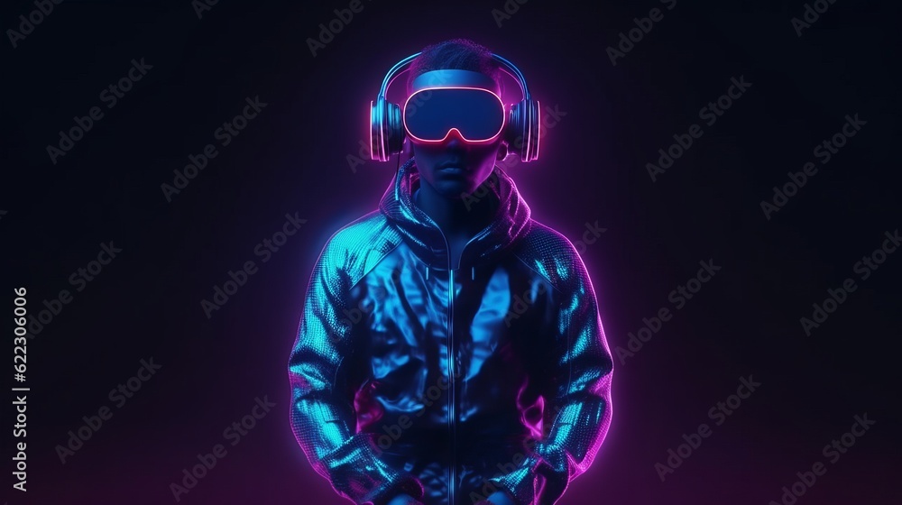 Virtual reality 3d augmented experience exited digital generate person wear vr glasses goggle headset hand gesture touch 3d object in virtual world fun cheerful and remarkable,generative ai Virtual reality 3d augmented experience exited digital generate person wear vr glasses goggle headset hand gesture touch 3d object in virtual world fun cheerful and remarkable,generative ai