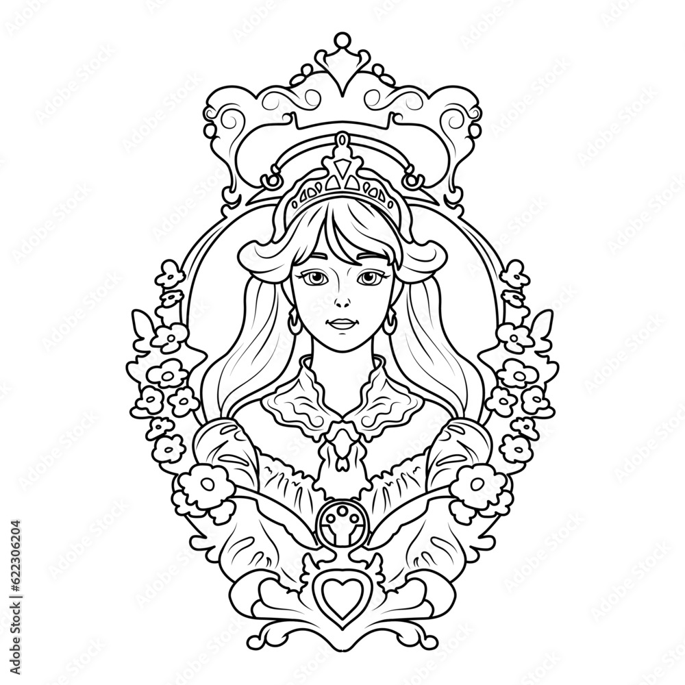 Cute princess with a tiara on her head in a frame with flowers. Coloring book for children and adults. Vector graphics Cute princess with a tiara on her head in a frame with flowers. Coloring book for children and adults. Vector graphics