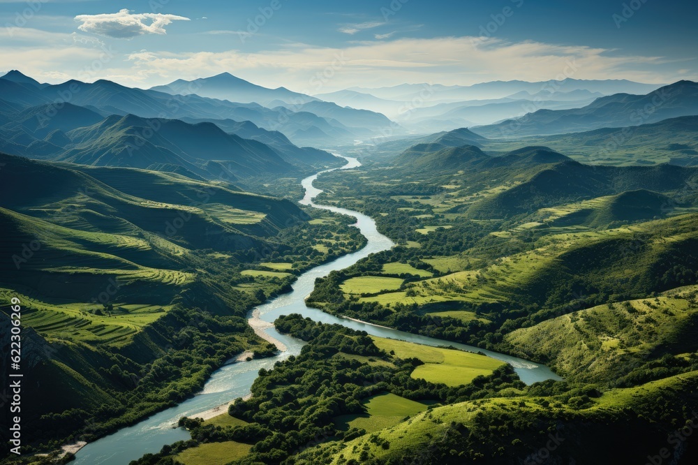 An Aerial Tapestry of Tranquility: Witnessing the Sublime Beauty of a Meandering River Wending its Way Through a Bountiful Valley, Accompanied by the Solitary Kayaker's Serene Sojourn Generative AI