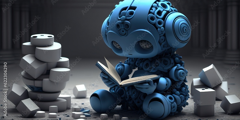 Generative AI.  Little Robot studying with books. Humanoid sitting with books. 