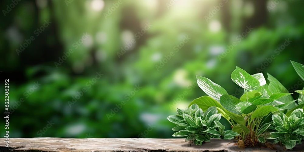 Wooden Platform Landscape with Green Plants Bokeh Panorama Background. Nature Outdoors, Trees, Wood and Blurred Copy Space Wooden Platform Landscape with Green Plants Bokeh Panorama Background. Nature Outdoors, Trees, Wood and Blurred Copy Space