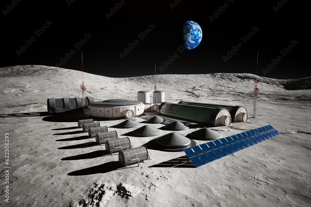 Formation of a space base at the moon. Beautiful landscape with planet Earth.