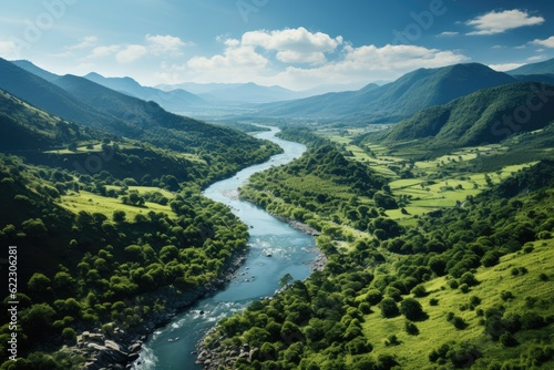 Rhapsody of Wilderness: A Captivating Aerial Symphony of a Sinuous River Cutting Across a Lush Green Valley, as a Solitary Kayaker Unveils the Serene Secrets of Nature Generative AI © furyon