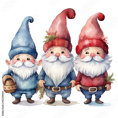 Three colorful gnome christmas with blue red hat