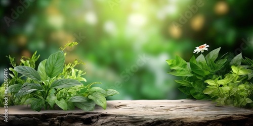 Wooden Platform Landscape with Green Plants Bokeh Panorama Background. Nature Outdoors  Trees  Wood and Blurred Copy Space