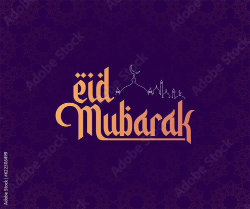 Arabic English calligraphy Eid Mubarak text with Mosque greeting card design on Luxury background.
