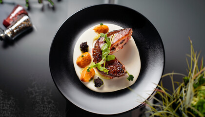 food elegant expensive dish plate dark black gourmet dinner chef