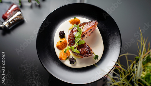 Fototapeta Naklejka Na Ścianę i Meble -  food elegant expensive dish plate dark black gourmet dinner chef