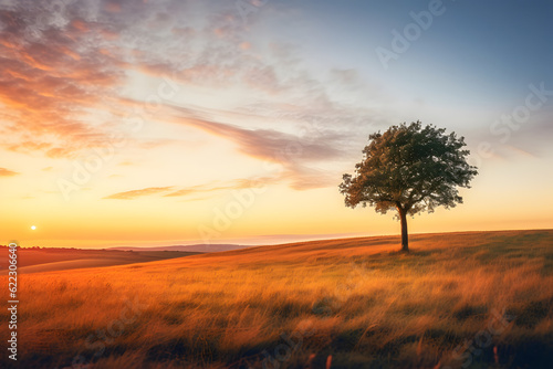 Landscape of line tree standing in a field over sunset background