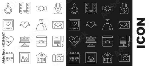 Set line Photo camera, Marriage contract, Envelope with Valentine heart, Bow tie, Amour and arrow, frames hearts, Male gender symbol and Woman dress icon. Vector