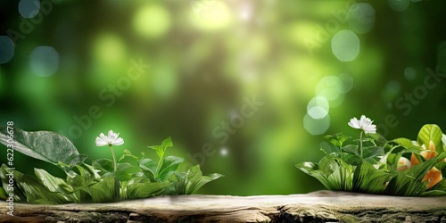 Wooden Platform Landscape with Green Plants Bokeh Panorama Background. Nature Outdoors  Trees  Wood and Blurred Copy Space