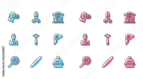 Set line Flea search, Nail file pet, Dog in muzzle, Pet carry case, Hair brush for dog and cat, dryer, Veterinarian doctor and Scissors hairdresser icon. Vector