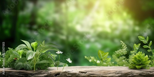 Wooden Platform Landscape with Green Plants Bokeh Panorama Background. Nature Outdoors  Trees  Wood and Blurred Copy Space