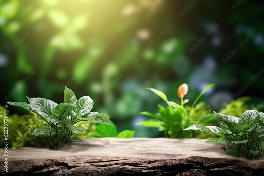 Wooden Platform Landscape with Green Plants Bokeh Panorama Background. Nature Outdoors, Trees, Wood and Blurred Copy Space Wooden Platform Landscape with Green Plants Bokeh Panorama Background. Nature Outdoors, Trees, Wood and Blurred Copy Space