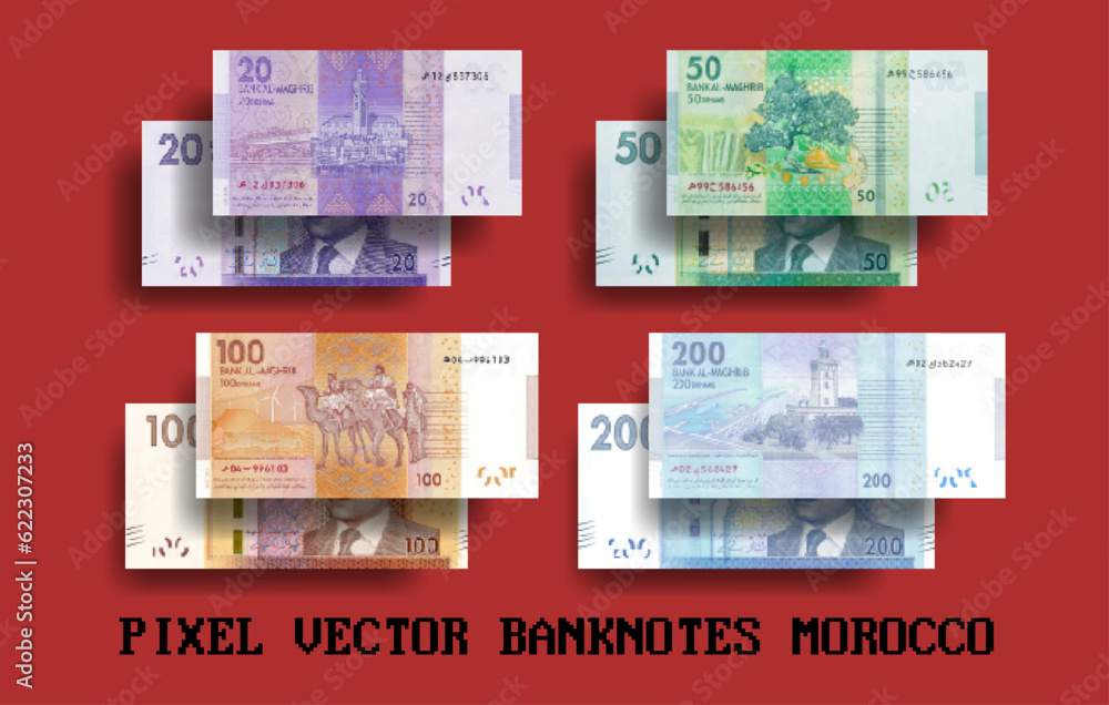 Vector pixel mosaic set of Morocco banknotes. Notes in denominations of 20, 50, 100 and 200 Moroccan dirhams. Flyers and play money.