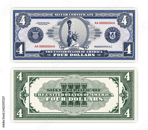 Vector blue banknote obverse and green reverse silver certificate of 4 US dollars. Oval, liberty and guilloche frame. American paper fictional money.