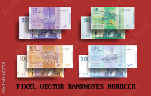 Vector pixel mosaic set of Morocco banknotes. Notes in denominations of 20, 50, 100 and 200 Moroccan dirhams. Flyers and play money.