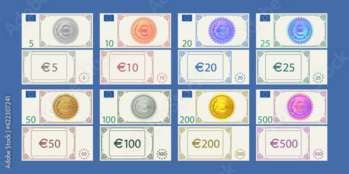 Vector set of banknotes, flyers, coupons or vouchers in denominations of 5, 10, 20, 25, 50, 100, 200 and 500 euro, with a coins. Obverse and reverse of play money.