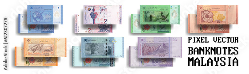 Vector set of mosaic pixelated Malaysian banknotes. Bills in denominations of 1, 2, 5, 10, 20, 50 and 100 ringgit.