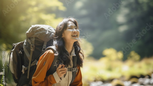 Young Asian woman enjoy trekking in fresh spring greenery forest