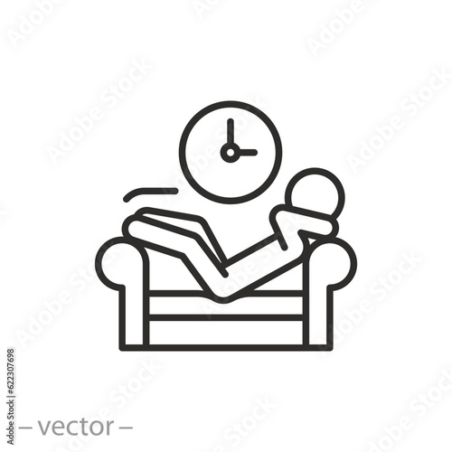 icon of free time on sofa, taking a nap after work, hands behind head, relaxation line symbol on white background - editable stroke vector illustration eps10