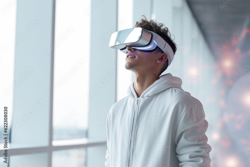 Man in virtual reality glasses. Generative AI
