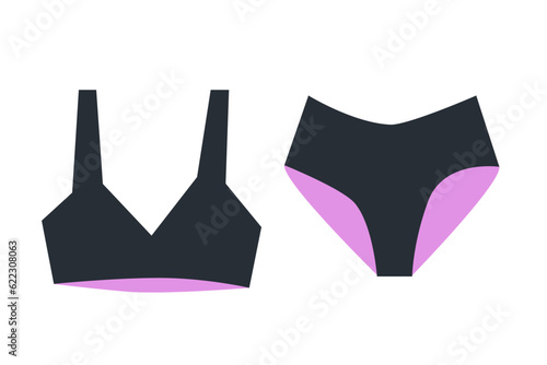 Set of woman underwear. Woman black colour lingerie. Bra and panties flat vector illustration. 