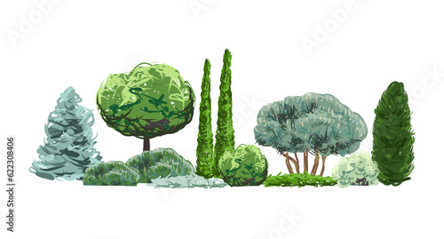 Hand drawn sketch of different trees and shrubs combination in landscape design example. Garden design ideas. Coniferous and deciduous plants mix composition. Vector illustration