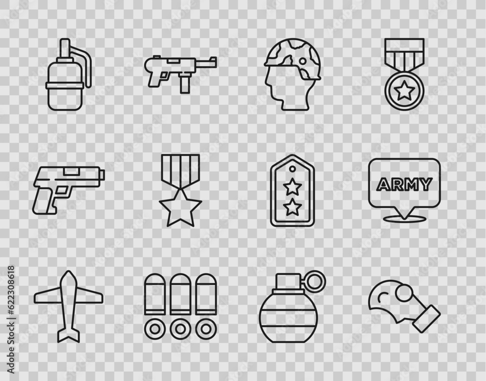 Set line Jet fighter, Gas mask, Army soldier, Bullet, Hand grenade, Military reward medal, and army icon. Vector Set line Jet fighter, Gas mask, Army soldier, Bullet, Hand grenade, Military reward medal, and army icon. Vector