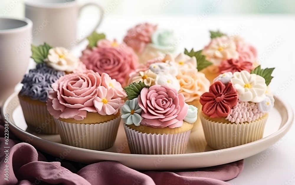 A plate of beautifully decorated cupcakes with edible flowers. AI