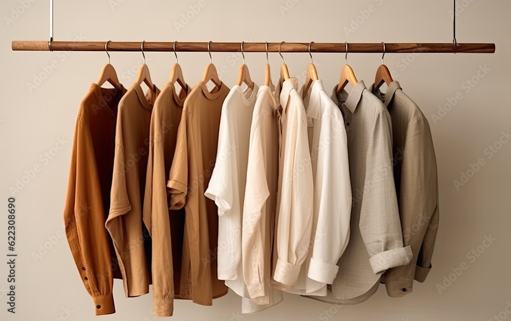 Rack with clean shirts near light wall generative ai