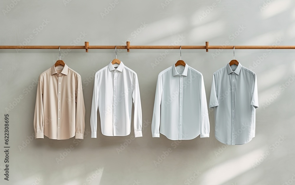 Rack with clean shirts near light wall generative ai Rack with clean shirts near light wall generative ai