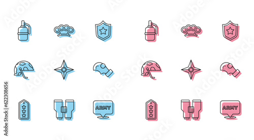 Set line Military rank, Binoculars, Hand grenade, army, Japanese ninja shuriken, Gas mask, helmet and Brass knuckles icon. Vector